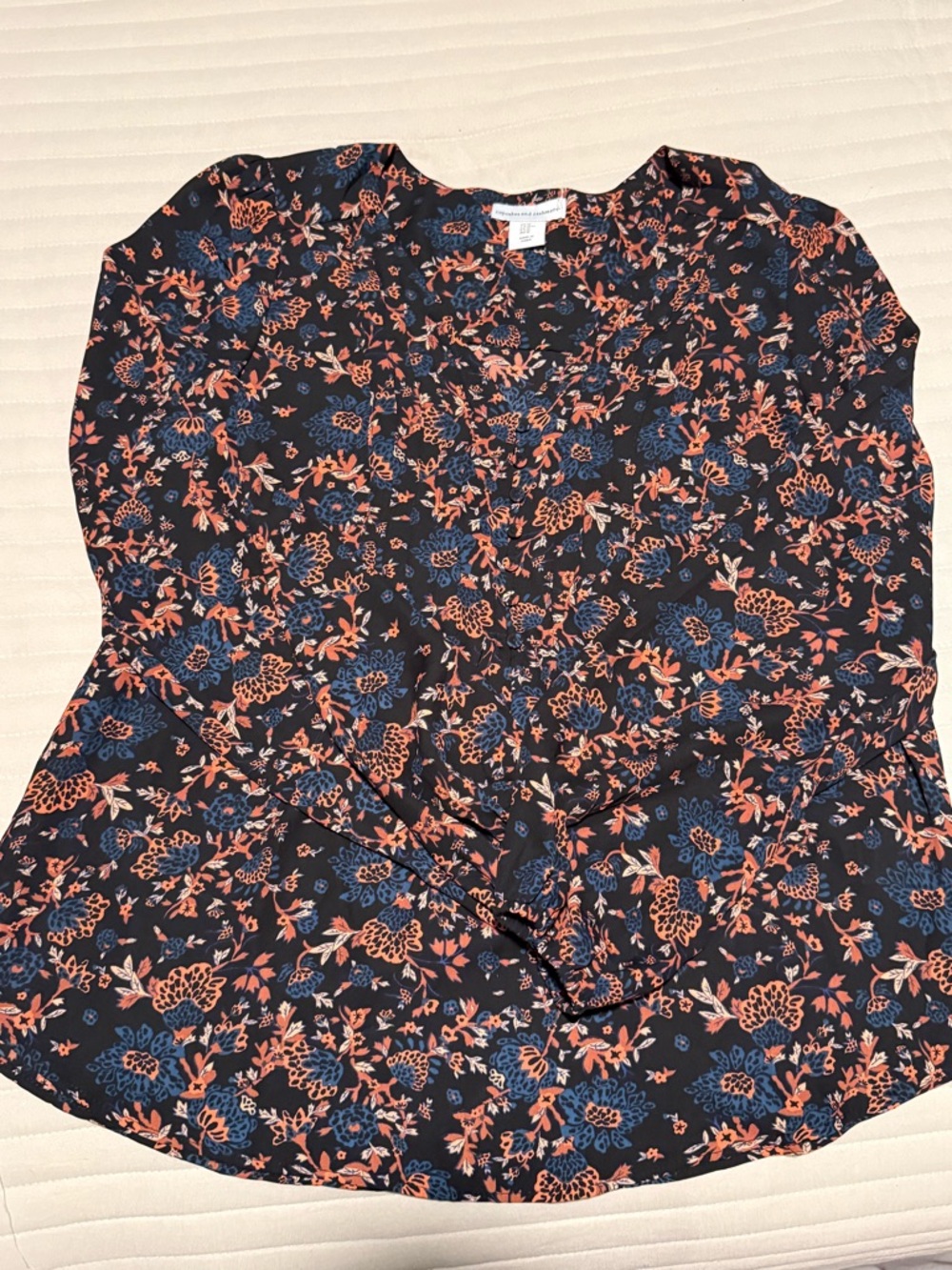 cupcakes & cashmere Navy Floral Button-Up Blouse with Blue & Coral Accents